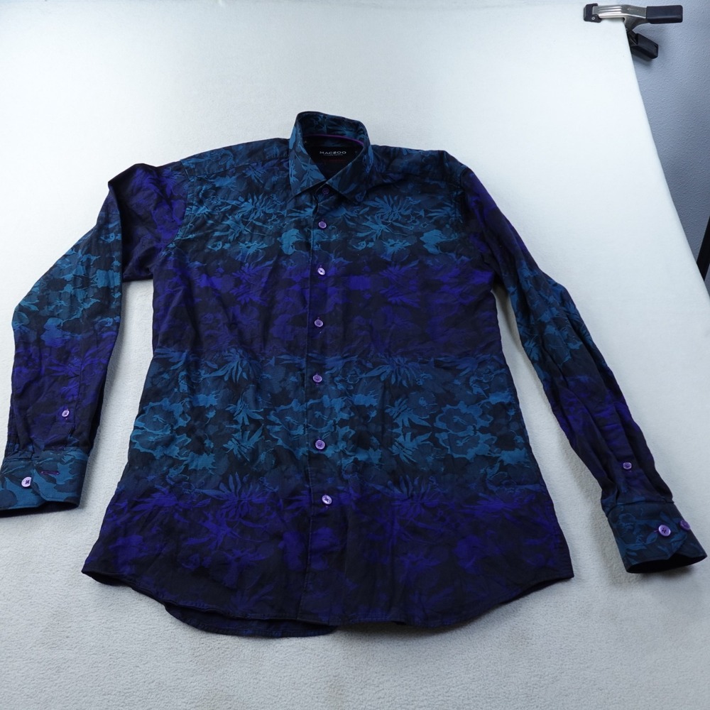 Maceoo Shirt Mens Medium Blue Floral Italian Jacquard Fabric Button Up